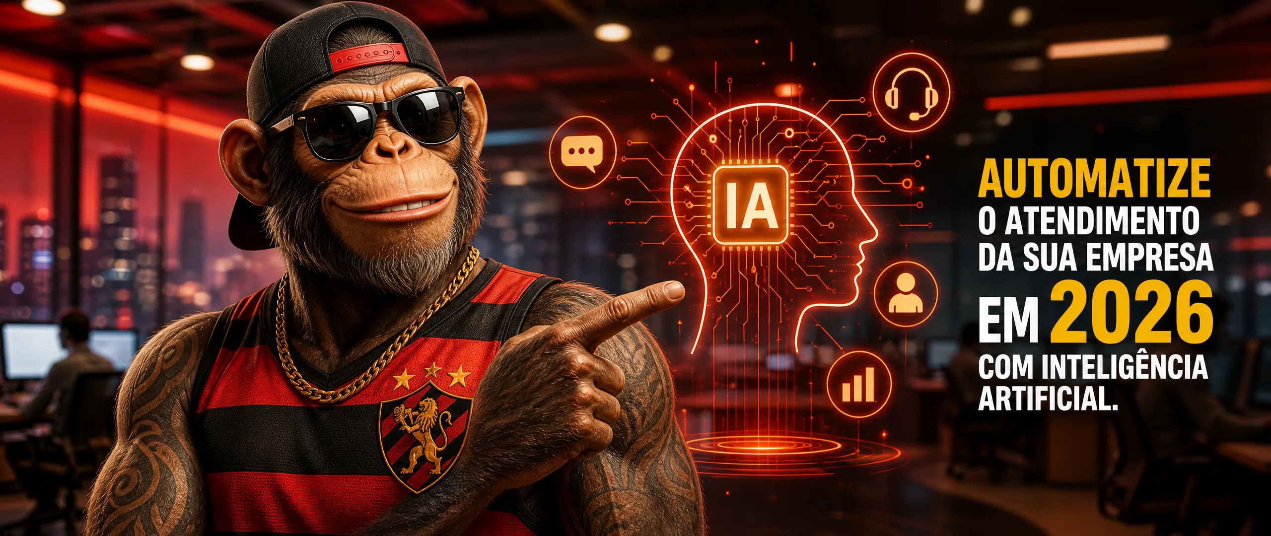 Mascote da Roviq de regata do Sport Recife apontando pra um rosto holográfico com um chip de IA, ao lado da frase: automatize o atendimento da sua empresa em 2026 com inteligência artificial.