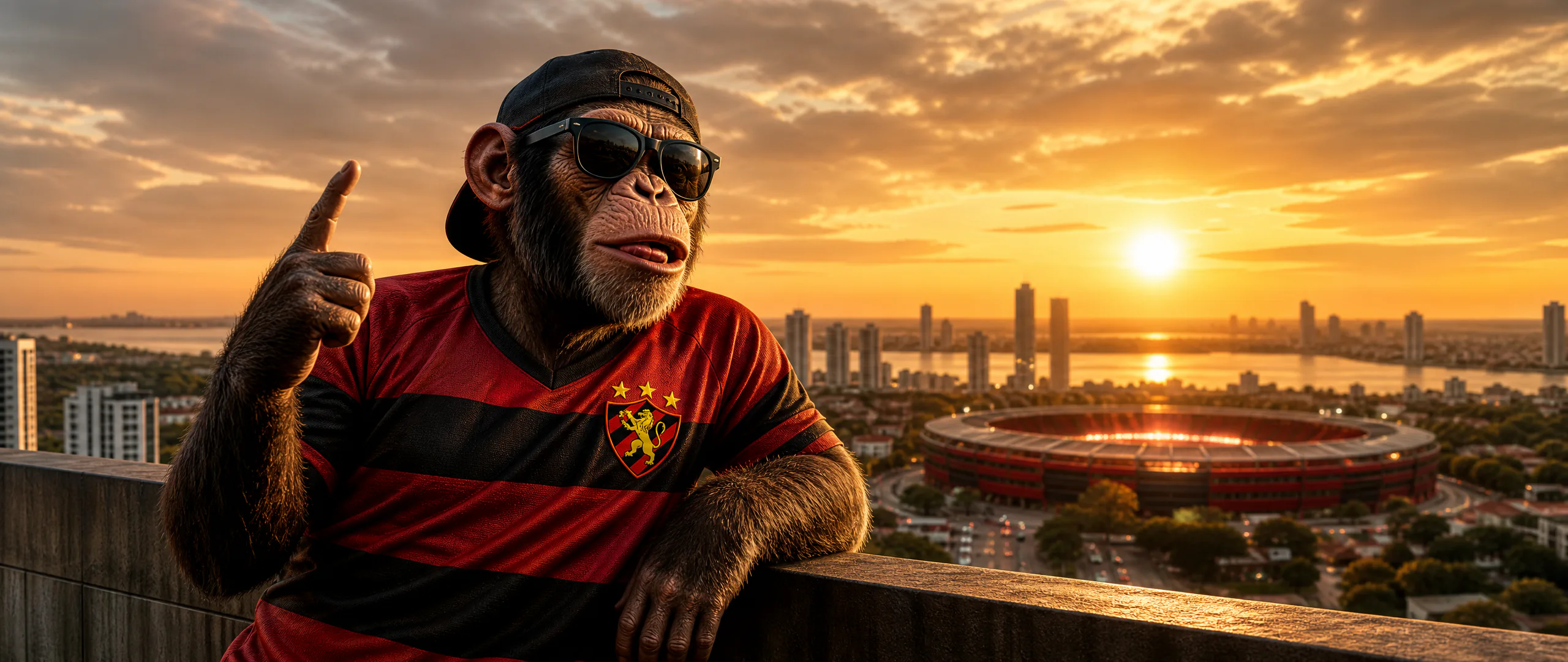 Mascote da Roviq de camisa do Sport Recife, boné virado e óculos escuros, apontando pra cima num terraço, com o estádio e a cidade ao fundo no pôr do sol.